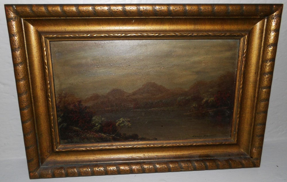 antique oil on board framed lake scene signed by artist (1 of 4)