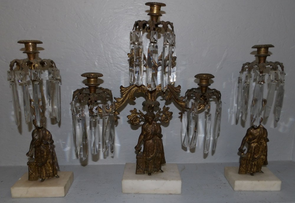 3 piece brass and glass girandole set with marble bases (1 of 6)