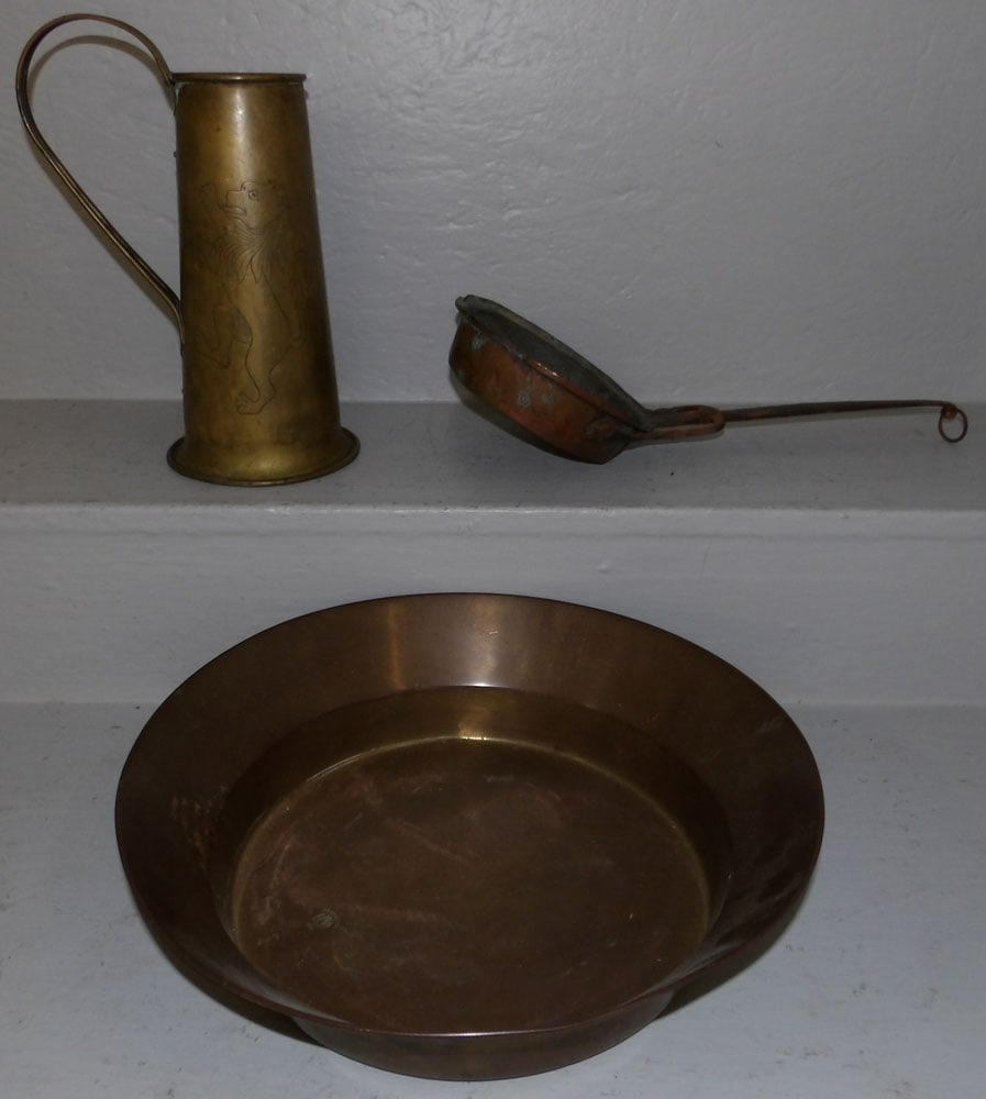 Antique Brass Stein with Handle, Copper Pan, & Brass Pan (1 of 5)