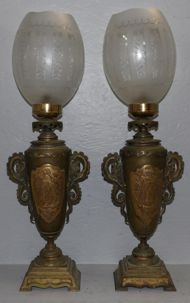 pair of antique bronze astral lamps with frosted glass shades (1 of 6)