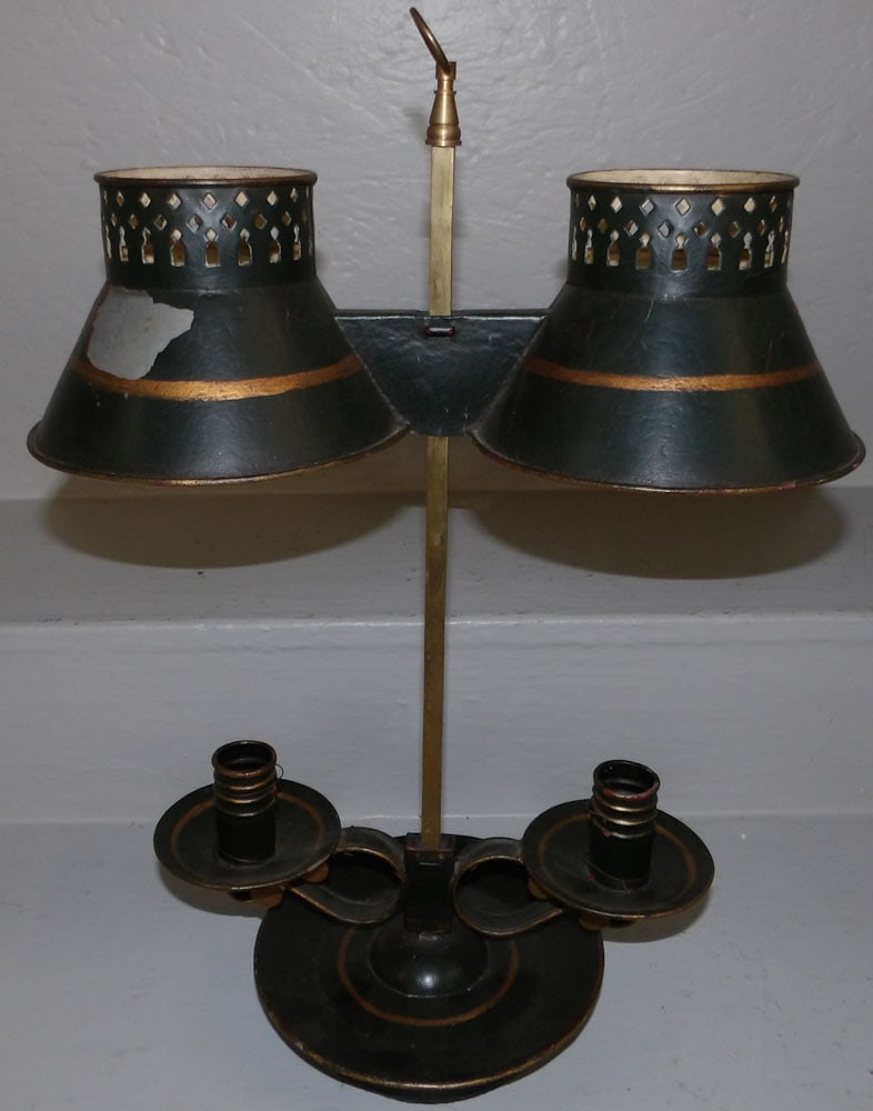 antique painted tole and brass student lamp (1 of 6)
