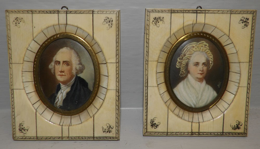 two antique hand painted on bone portraits in bone frames of Martha and George Washington: two antique hand painted on bone portraits in bone frames of Martha and George Washington. 4 1/4" x 5" "ALL DESCRIPTIONS AND ANY CONDITION STATEMENT GIVEN BY LANGSTON AUCTION GALLERY ARE STRICTLY OPIN