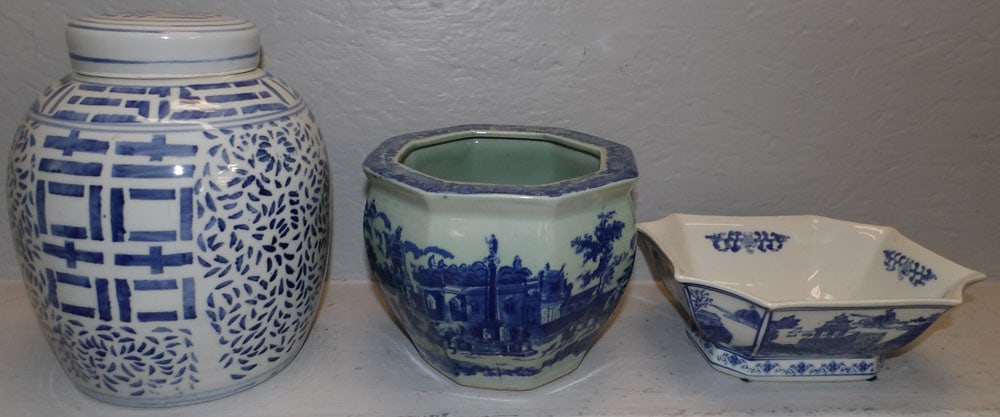 Oriental blue and white covered ginger jar, bowl, & Ironstone style jardiniere (1 of 4)