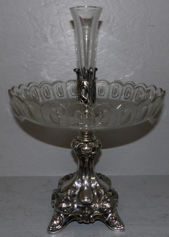 silverplated and glass epergne: silverplated and glass epergne. 14 1/2" H "ALL DESCRIPTIONS AND ANY CONDITION STATEMENT GIVEN BY LANGSTON AUCTION GALLERY ARE STRICTLY OPINIONS AND LANGSTON'S SHALL HAVE NO RESPONSIBILITY FOR ERRORS O
