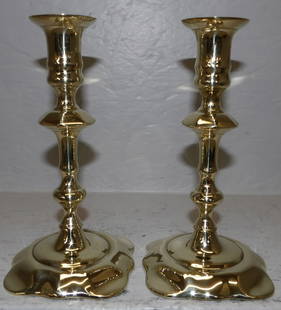 pair of brass Virginia Metalcrafters candlesticks: pair of brass Virginia Metalcrafters candlesticks. 7 1/2" H "ALL DESCRIPTIONS AND ANY CONDITION STATEMENT GIVEN BY LANGSTON AUCTION GALLERY ARE STRICTLY OPINIONS AND LANGSTON'S SHALL HAVE NO RESPONSIB