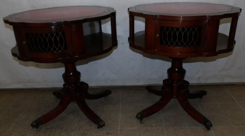 pair of mahogany and tooled leather top drum tables (1 of 8)
