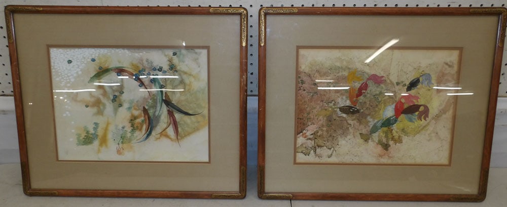 two framed Oriental fish watercolors signed by artist in teak wood frames (1 of 6)