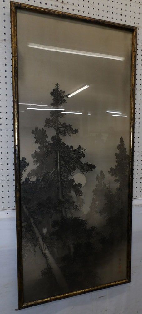 framed Oriental watercolor on silk in faux bamboo frame signed with character marks (1 of 6)