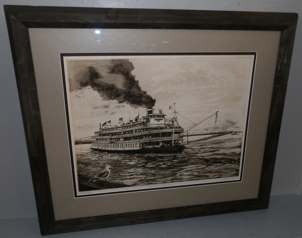 framed and matted block print steamship signed by artist Phillip Sage (1 of 6)