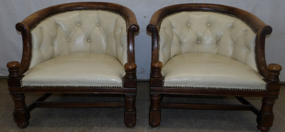 pair of button-tufted back leather upholstered and oak wood tub chairs (1 of 5)