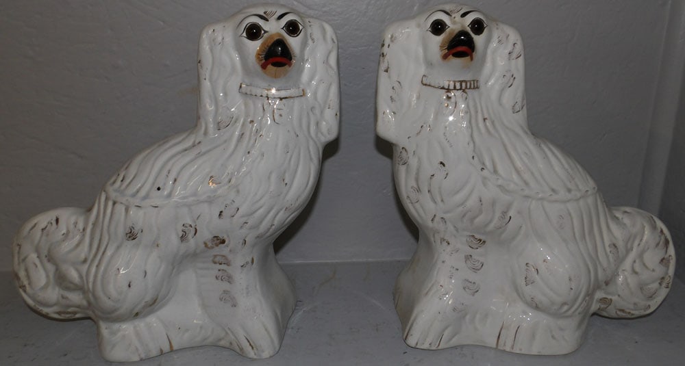 pair of antique Staffordshire spaniels with glass eyes (1 of 3)