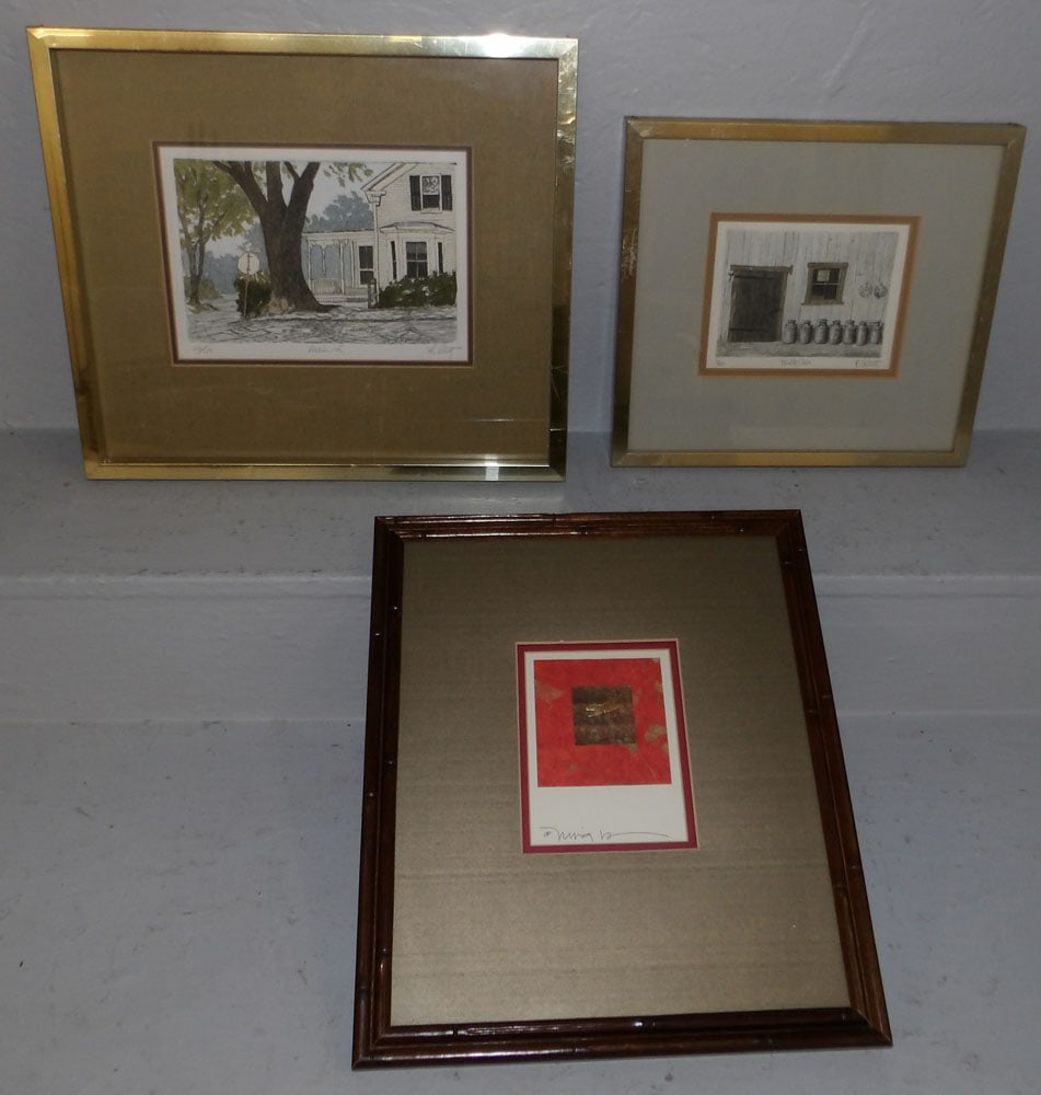 two framed and matted pencil signed block prints & dragonfly print (1 of 5)