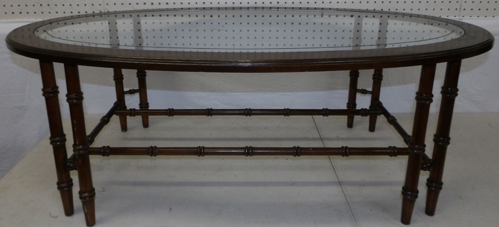 mahogany oval faux bamboo glass top table by Lane (1 of 4)
