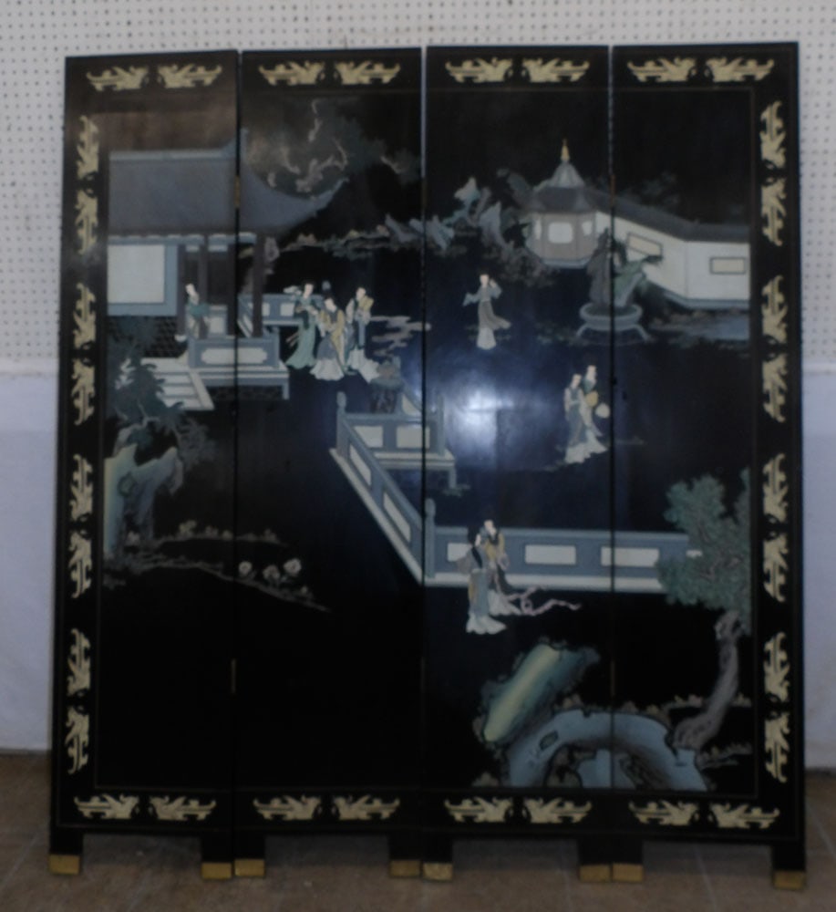 Oriental black lacquer and paint decorated four panel room divider (1 of 9)