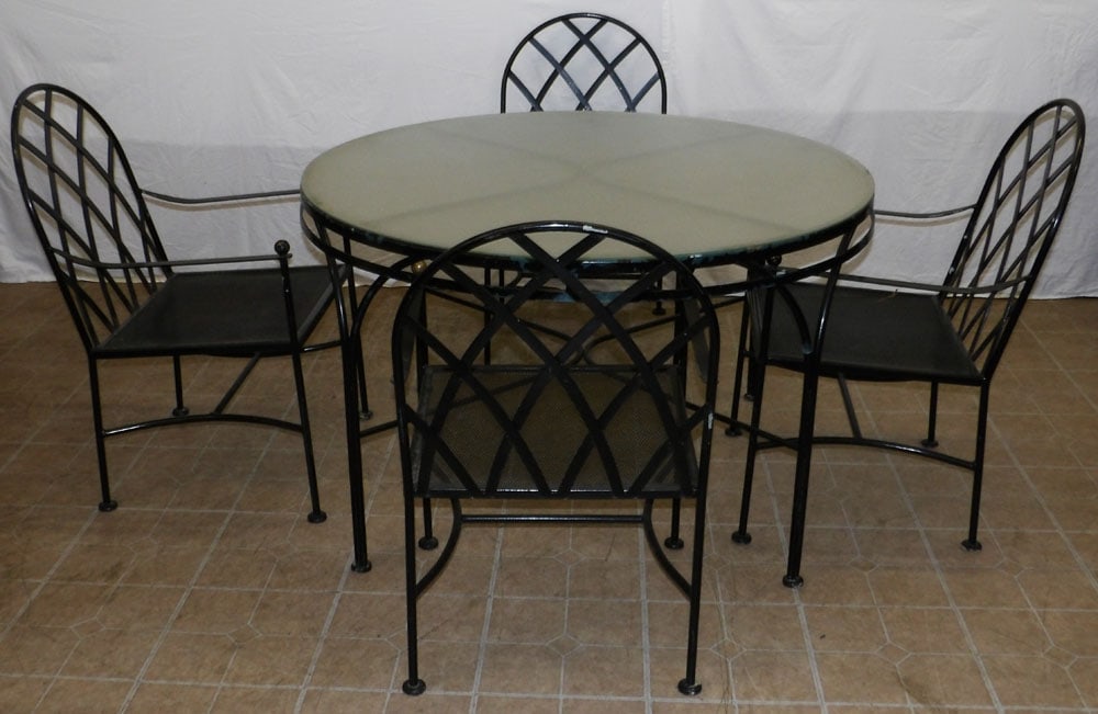five piece painted wrought iron glass top table with mesh seat chairs (1 of 7)