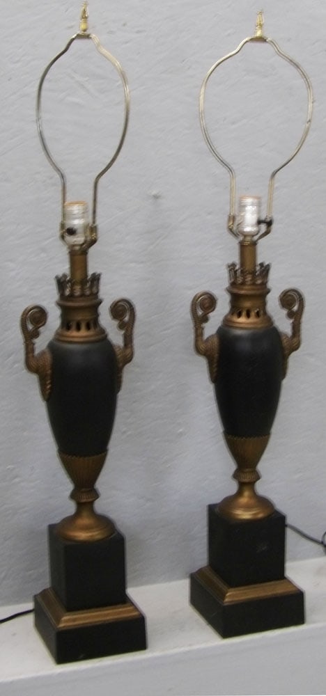 Pair of Regency Trophy Urn Form Two Tone Gilt & Painted Metal Lamps (1 of 4)