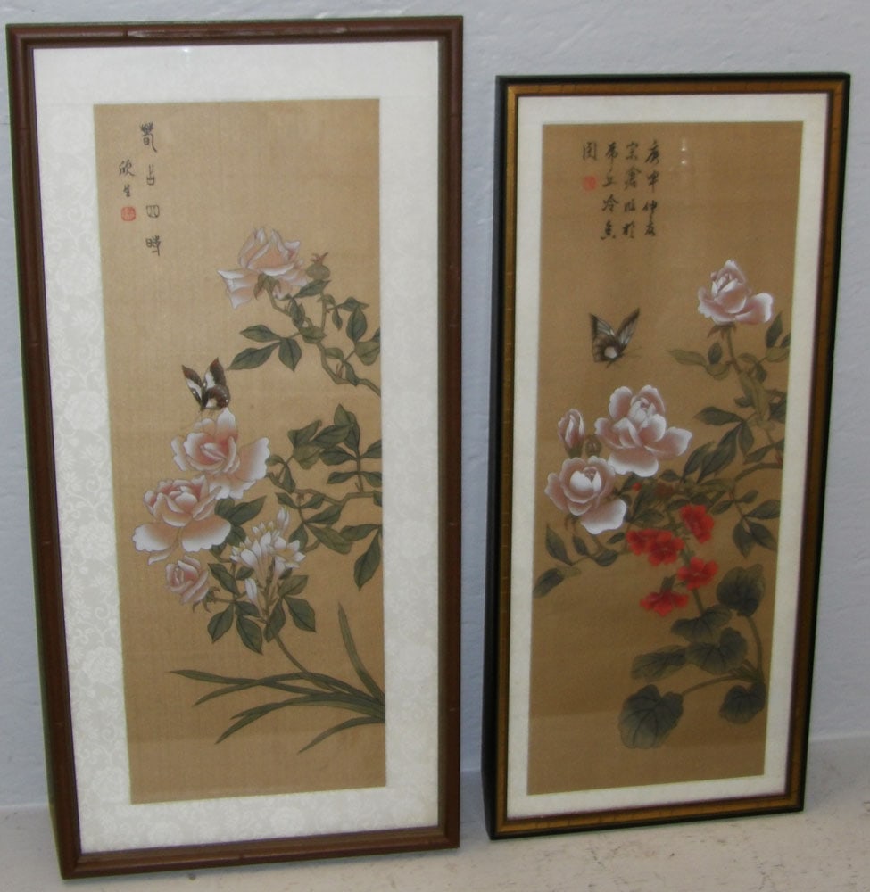 Two Chinese Paintings on Silk Signed with Character Marks (1 of 6)