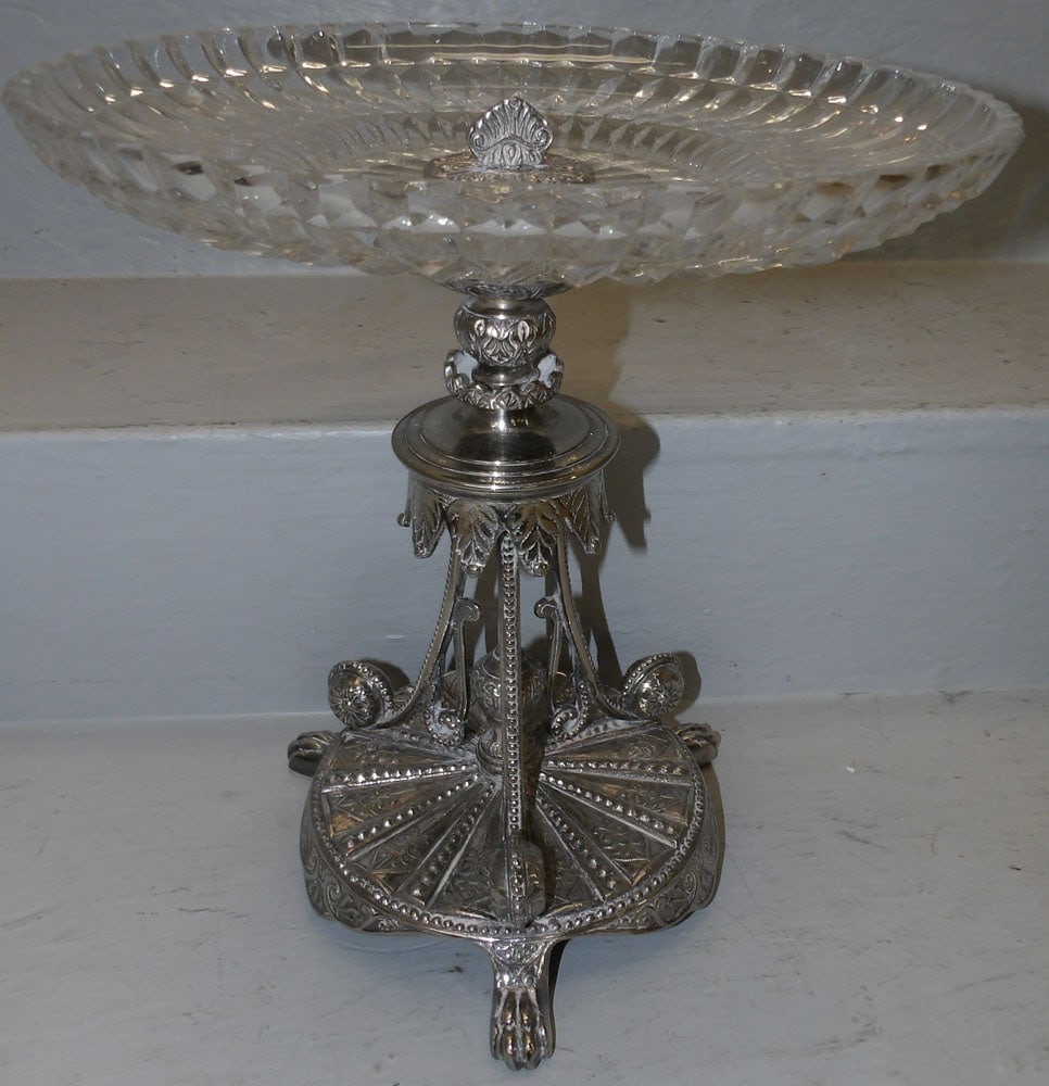 Silver Plated & Glass Compote: Silver Plated & Glass Compote . 11 1/4" Dia. 12" H "ALL DESCRIPTIONS AND ANY CONDITION STATEMENT GIVEN BY LANGSTON AUCTION GALLERY ARE STRICTLY OPINIONS AND LANGSTON'S SHALL HAVE NO RESPONSIBILITY FOR
