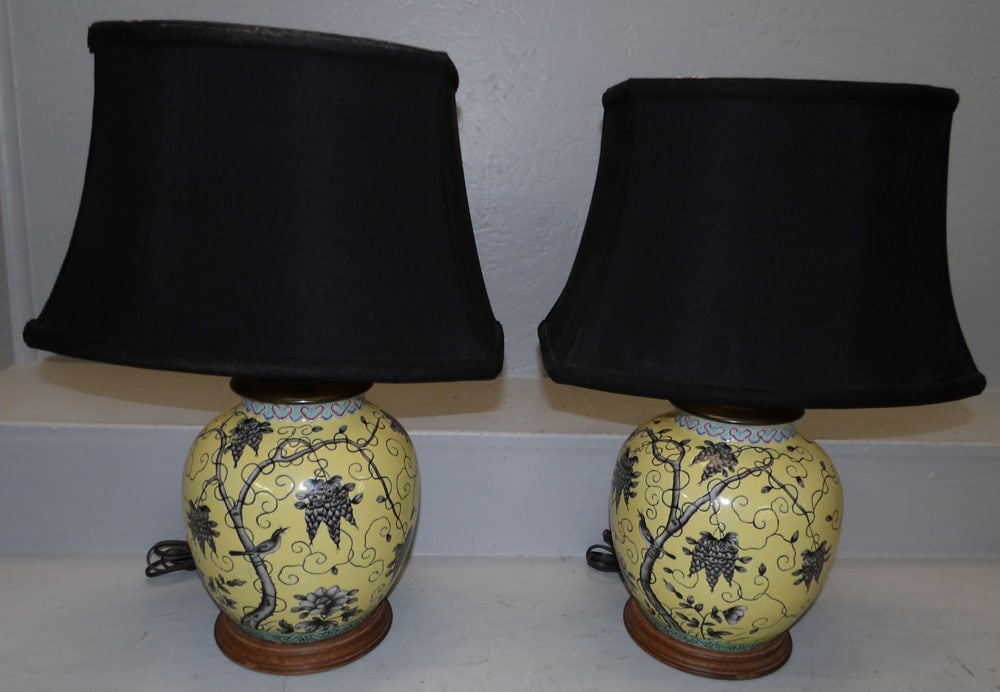 Pair of Painted Oriental Porcelain Vases Made Into Lamps with Bird Motif (1 of 2)