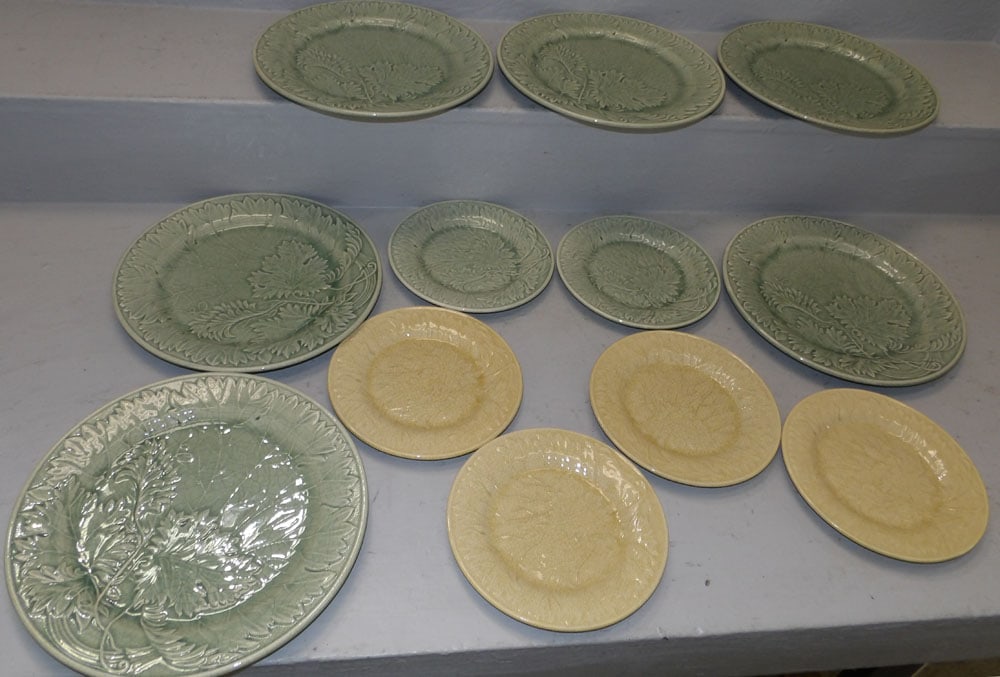 Twelve French Majolica Style Crackleware Plates: Twelve French Majolica Style Crackleware Plates . Up to 11" Dia. "ALL DESCRIPTIONS AND ANY CONDITION STATEMENT GIVEN BY LANGSTON AUCTION GALLERY ARE STRICTLY OPINIONS AND LANGSTON'S SHALL HAVE NO RESP