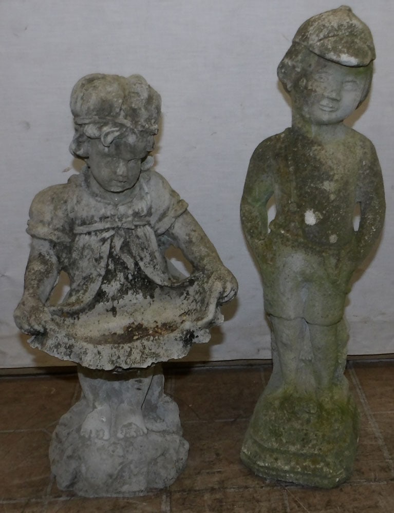 Two Cast Concrete Yard Statues of Young Boy & Girl (1 of 3)