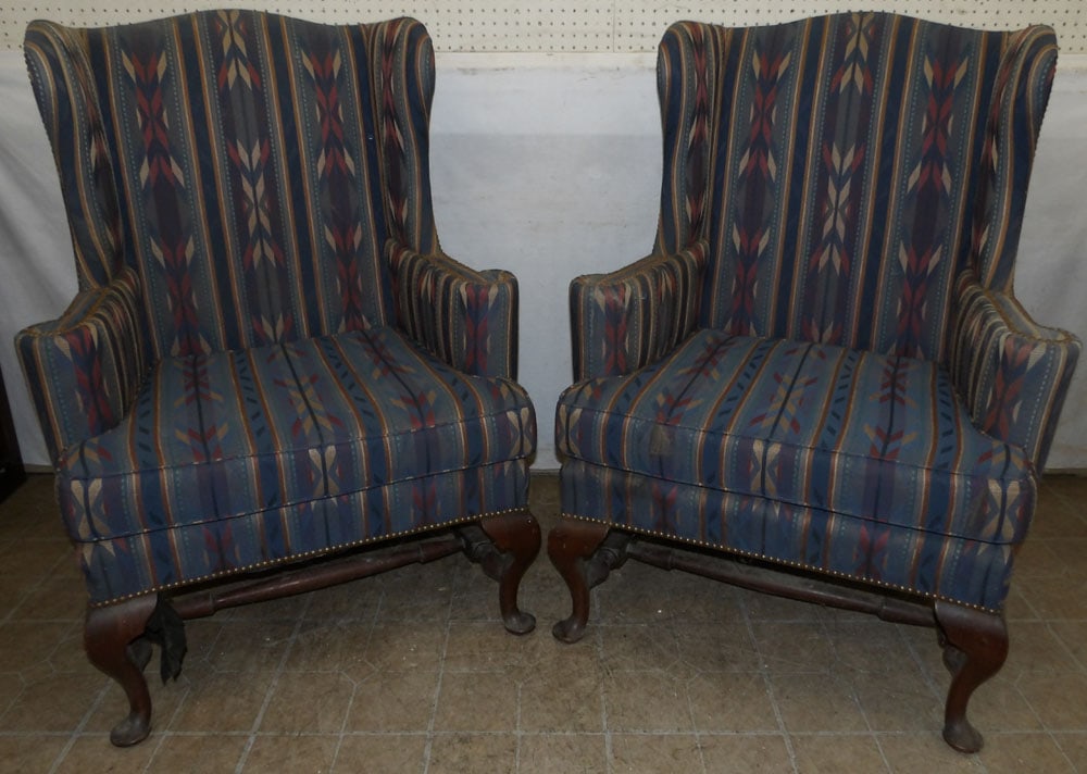 Pair of Mahogany Queen Anne Style Upholstered Wing Back Chair Frames (1 of 7)