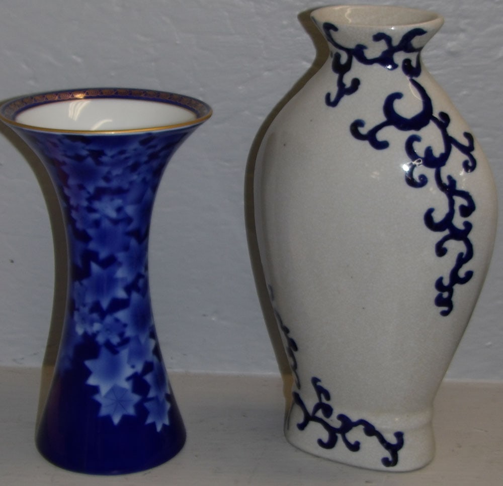 Japanese Blue & White Porcelain Vase Signed with Character Marks & Chinese Crackleware Vase (1 of 5)