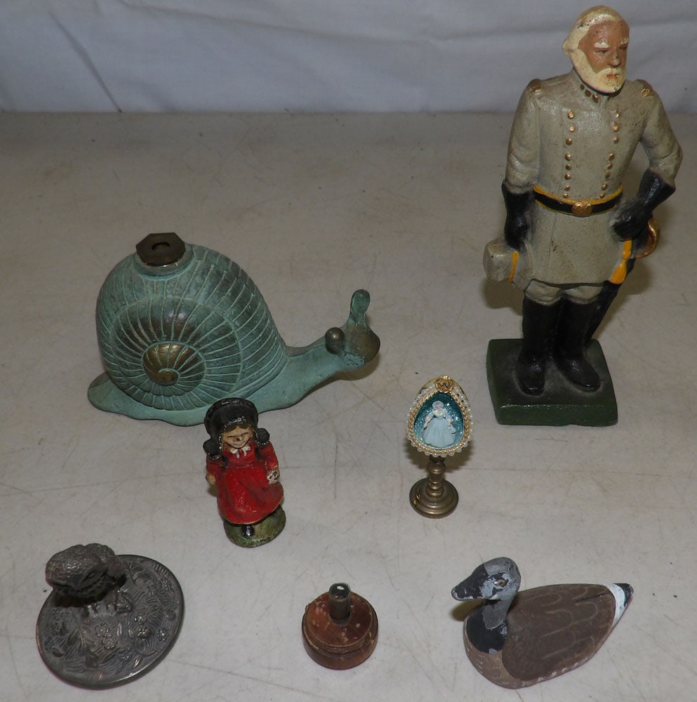 lot of heavy painted cast iron, lead figurines and bronze snail sprinkler (1 of 3)