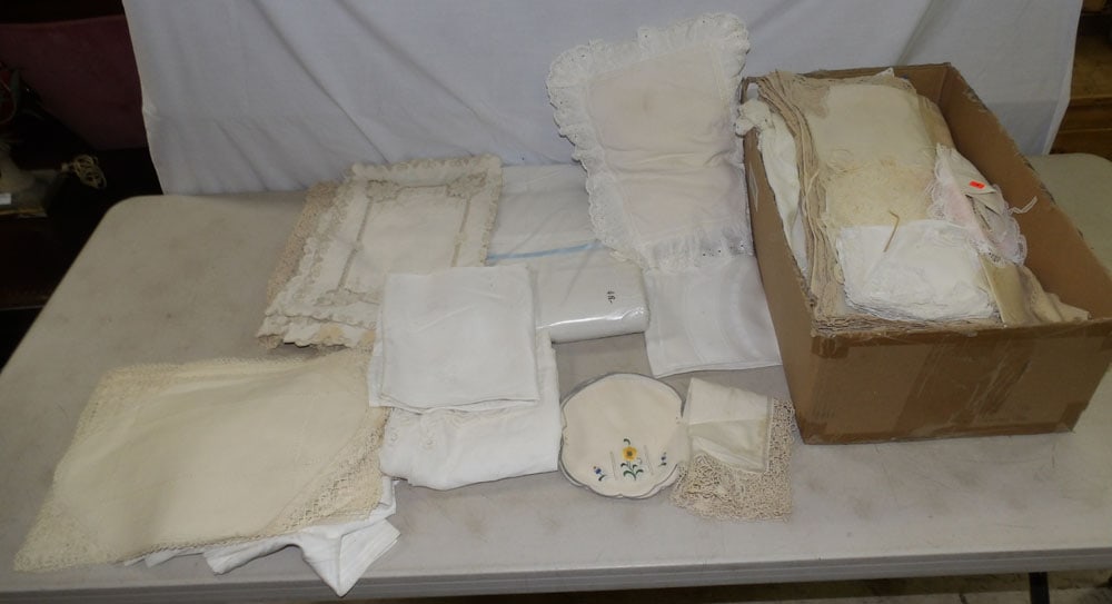 lot of linens: lot of linens . ALL DESCRIPTIONS AND ANY CONDITION STATEMENT GIVEN BY LANGSTON AUCTION GALLERY ARE STRICTLY OPINIONS AND LANGSTON'S SHALL HAVE NO RESPONSIBILITY FOR ERRORS OR OMISSIONS. THE ABSENCE OF
