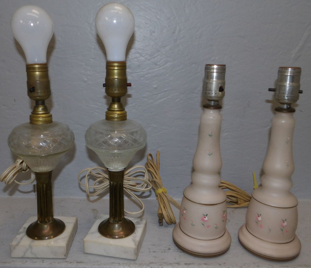 Pair of Antique Glass & Marble Base Lamps & Pair of Satin Glass Lamps (1 of 4)