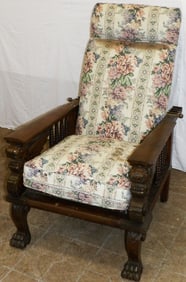 Antique Adjustable Carved Mahogany Winged Gryphon Arm Morris Chair with Claw Feet