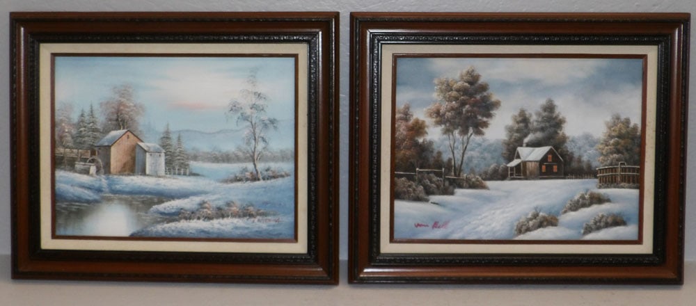 Pair of Framed Oil on Canvas Country Cottage & Lake Winter Scenes Artist Signed (1 of 5)