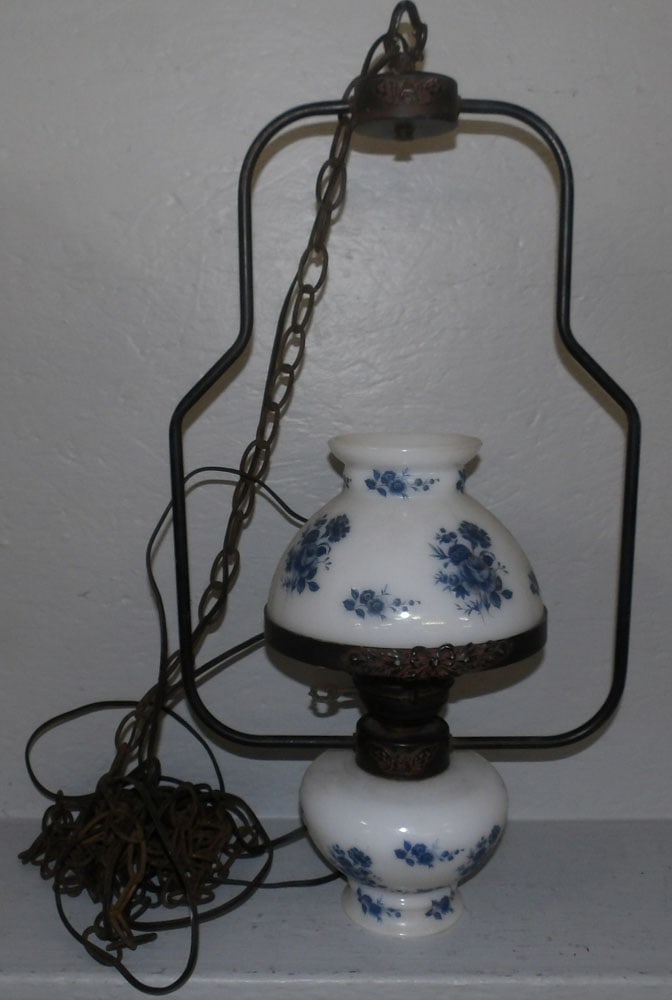 Painted Milk Glass Chandelier: Painted Milk Glass Chandelier . 26" H ALL DESCRIPTIONS AND ANY CONDITION STATEMENT GIVEN BY LANGSTON AUCTION GALLERY ARE STRICTLY OPINIONS AND LANGSTON'S SHALL HAVE NO RESPONSIBILITY FOR ERRORS OR OMI