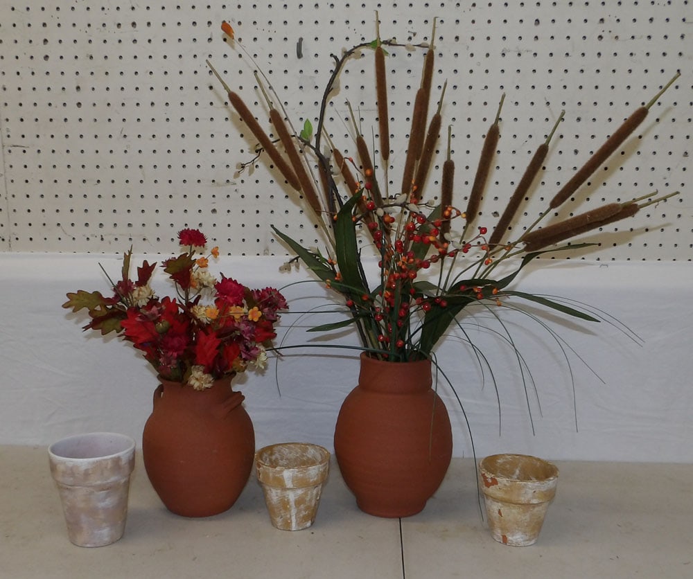Lot of Clay Flower Pots & Faux Flower/Cat Tail Arrangements (1 of 2)
