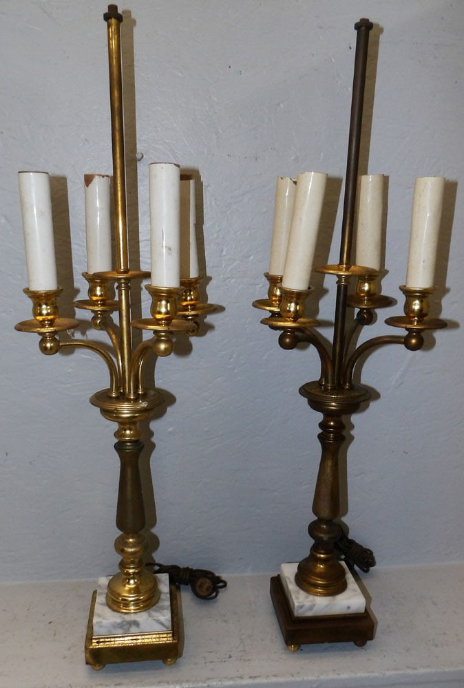 Pair of Gilded Metal & Marble Base Candelabras Lamps (1 of 3)