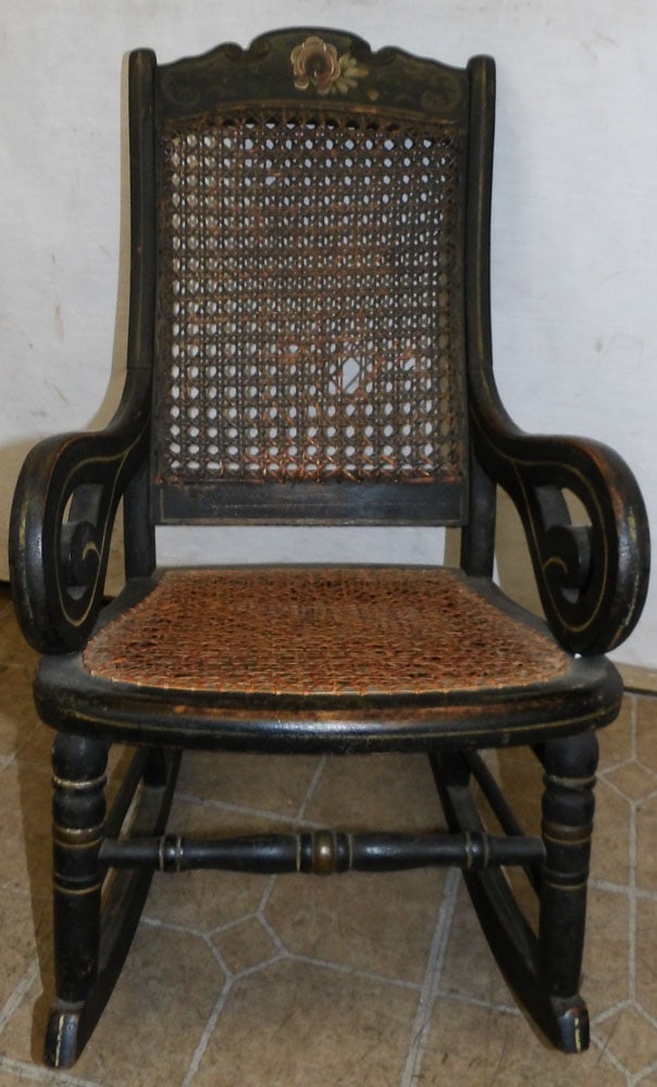 Antique Painted Cane Seat Child's Rocker: Antique Painted Cane Seat Child's Rocker. 29 1/2" H ALL DESCRIPTIONS AND ANY CONDITION STATEMENT GIVEN BY LANGSTON AUCTION GALLERY ARE STRICTLY OPINIONS AND LANGSTON'S SHALL HAVE NO RESPONSIBILITY FOR