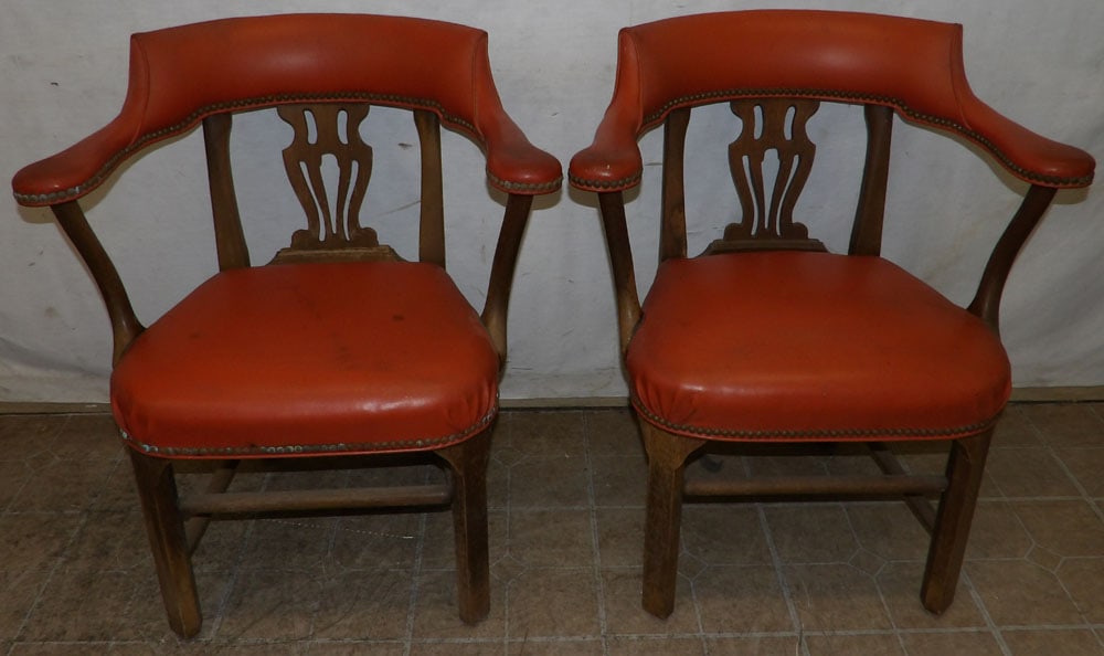 Pair of Mahogany & Vinyl Upholstered Arm Chairs: Pair of Mahogany & Vinyl Upholstered Arm Chairs . 33" H ALL DESCRIPTIONS AND ANY CONDITION STATEMENT GIVEN BY LANGSTON AUCTION GALLERY ARE STRICTLY OPINIONS AND LANGSTON'S SHALL HAVE NO RESPONSIBILITY