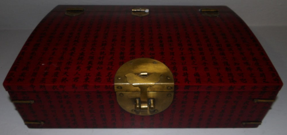 Oriental Red Lacquered Paint Calligraphy Decorated Brass Bound Box (1 of 5)