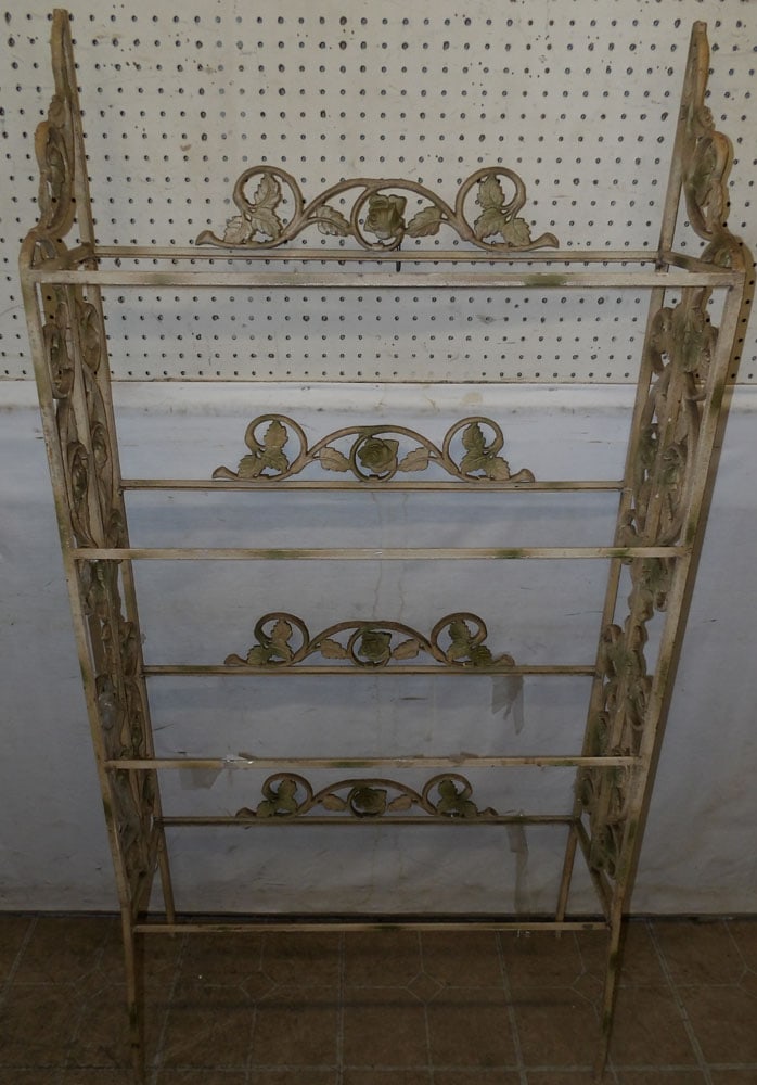 Painted Wrought Iron Shelf Frame, (No Glass Shelves): Painted Wrought Iron Shelf Frame, (No Glass Shelves). 30 1/4" W 9 1/2" D 60 1/4" H ALL DESCRIPTIONS AND ANY CONDITION STATEMENT GIVEN BY LANGSTON AUCTION GALLERY ARE STRICTLY OPINIONS AND LANGSTON'S S