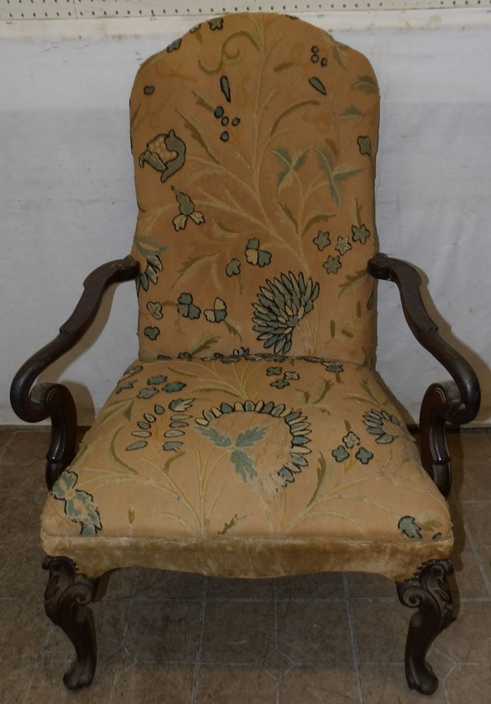 Antique Carved Walnut Arm Chair with Crewel Work Upholstery (1 of 5)
