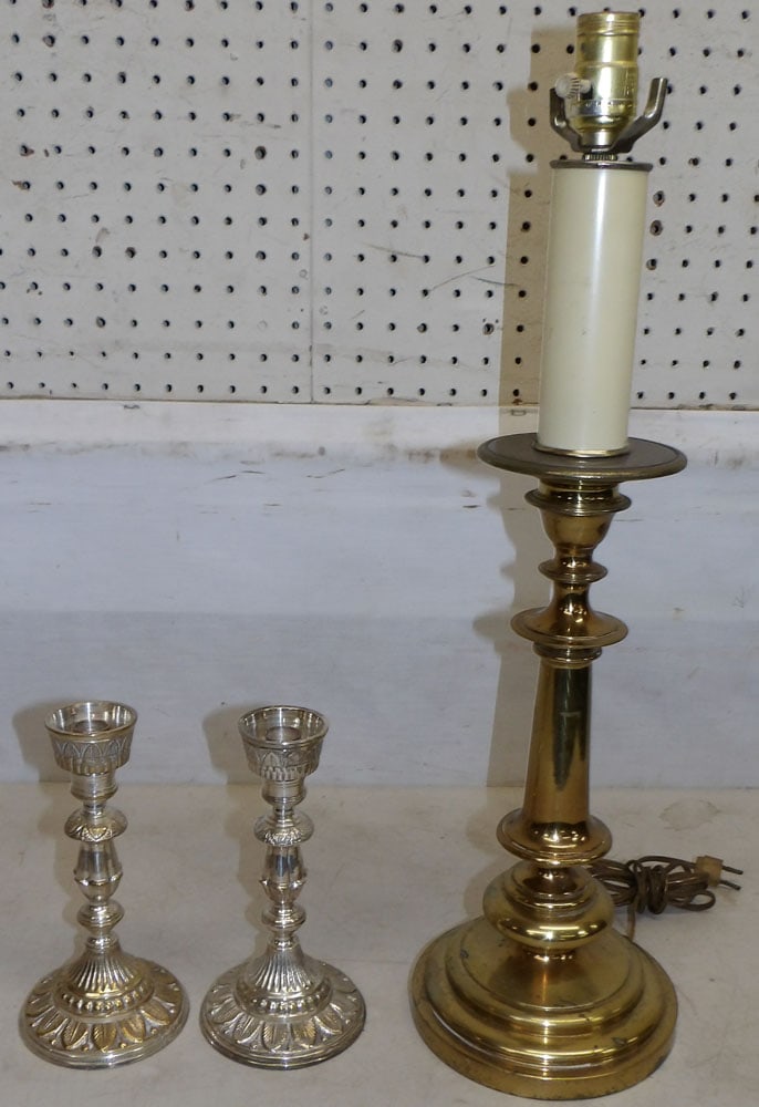 Gilded Metal Lamp & Pair of Silver Plated Candlesticks (1 of 3)