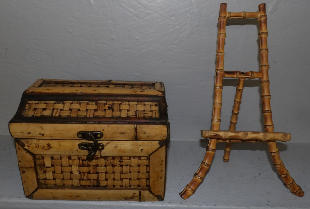 Bamboo Box & Small Easel: Bamboo Box & Small Easel . Up to 14 1/4" H ALL DESCRIPTIONS AND ANY CONDITION STATEMENT GIVEN BY LANGSTON AUCTION GALLERY ARE STRICTLY OPINIONS AND LANGSTON'S SHALL HAVE NO RESPONSIBILITY FOR ERRORS O