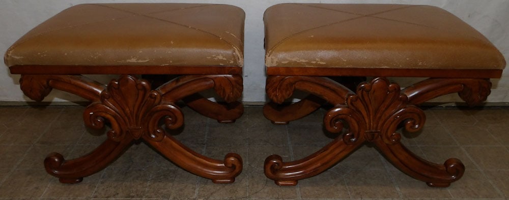 Pair of Mahogany & Faux Leather Upholstered Ottomans (1 of 4)