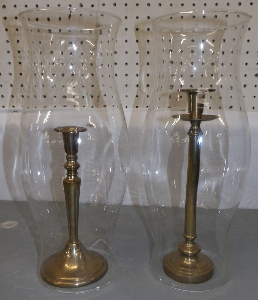 Two Brass Candlesticks with Glass Hurricane Shades (1 of 4)