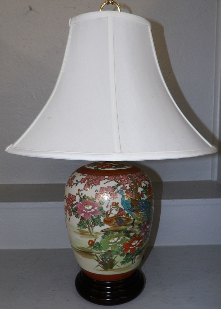 Oriental Porcelain Lamp with Peacock Motif (1 of 5)