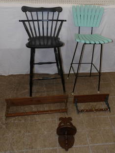 Two Painted Wood & Metal Bar Stools, & Wood/Metal Shelves: Two Painted Wood & Metal Bar Stools, & Wood/Metal Shelves. Up to 43" H ALL DESCRIPTIONS AND ANY CONDITION STATEMENT GIVEN BY LANGSTON AUCTION GALLERY ARE STRICTLY OPINIONS AND LANGSTON'S SHALL HAVE NO