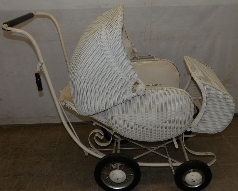 Antique Painted Wicker & Metal Baby Stroller & Miscellaneous Extra Wheels (1 of 4)