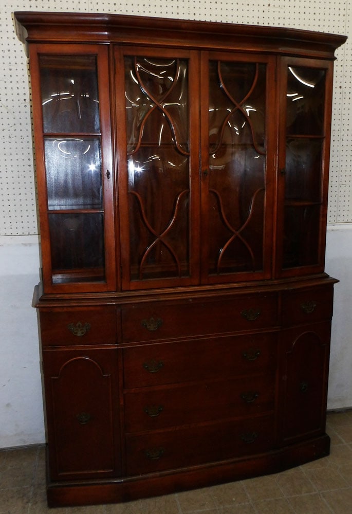 Mahogany Two Piece Bubble Glass China Cabinet with Tooled Leather Writing Compartment by Saginaw (1 of 9)