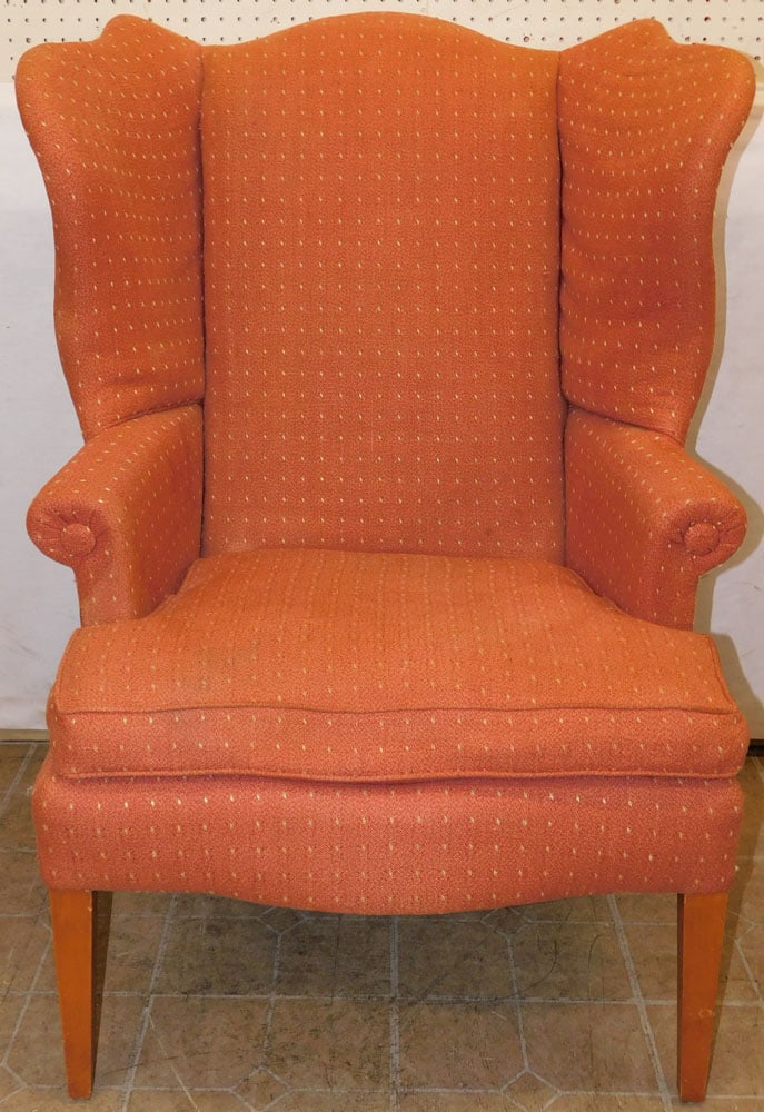 Upholstered Wing Back Chair: Upholstered Wing Back Chair . 46" H ALL DESCRIPTIONS AND ANY CONDITION STATEMENT GIVEN BY LANGSTON AUCTION GALLERY ARE STRICTLY OPINIONS AND LANGSTON'S SHALL HAVE NO RESPONSIBILITY FOR ERRORS OR OMISS