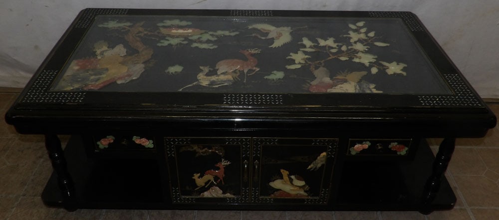 Black Lacquered Oriental Coffee Table with Carved Soapstone Mounts (1 of 7)
